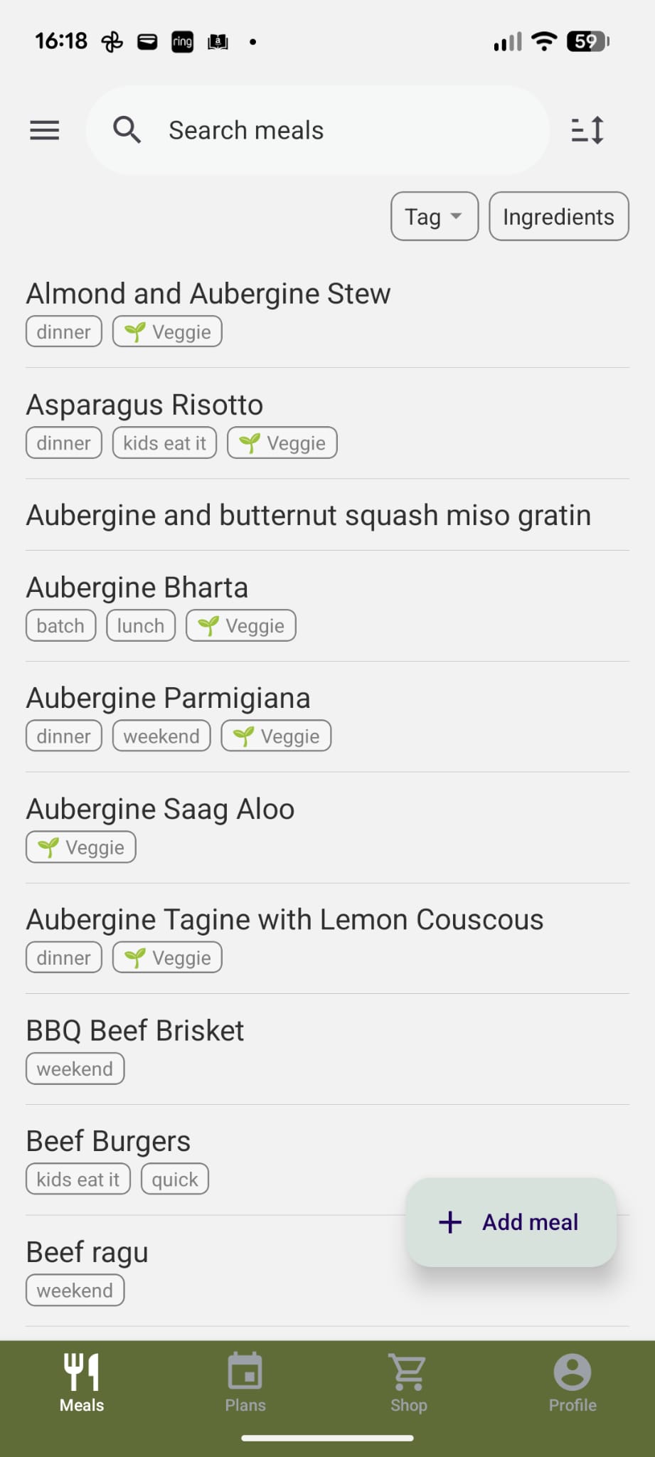 Rooted saved meals screen