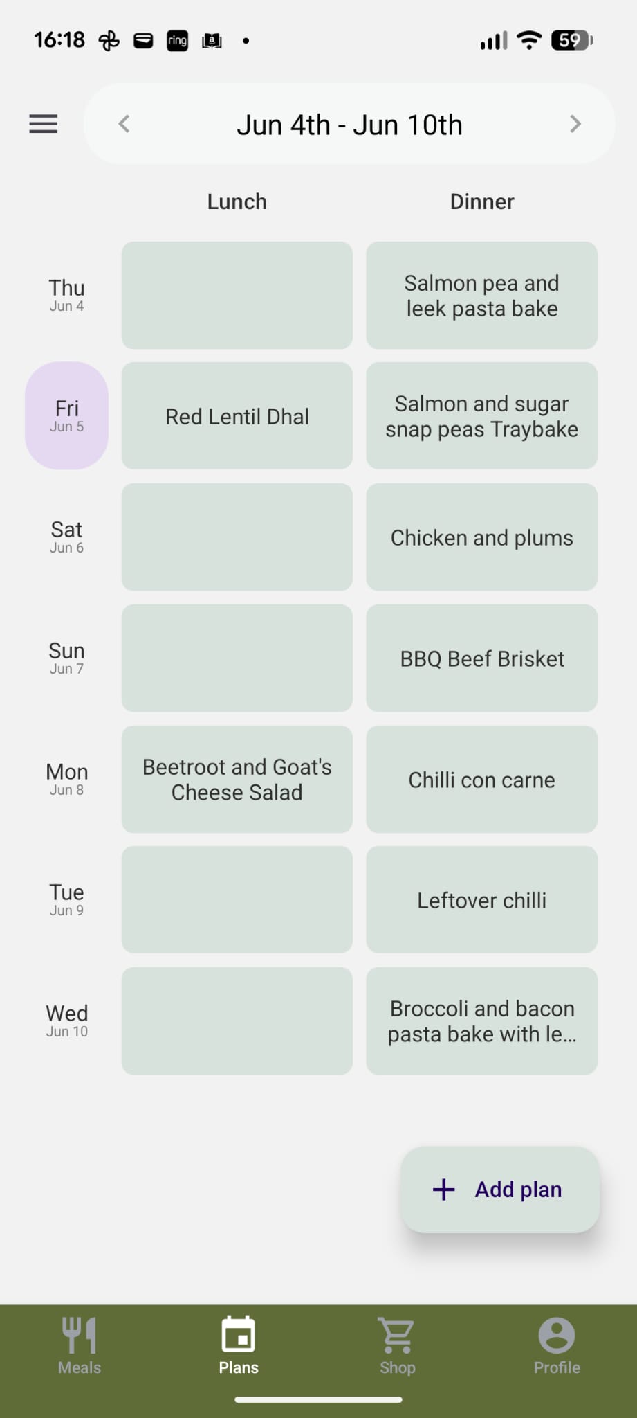 Rooted weekly meal plan screen