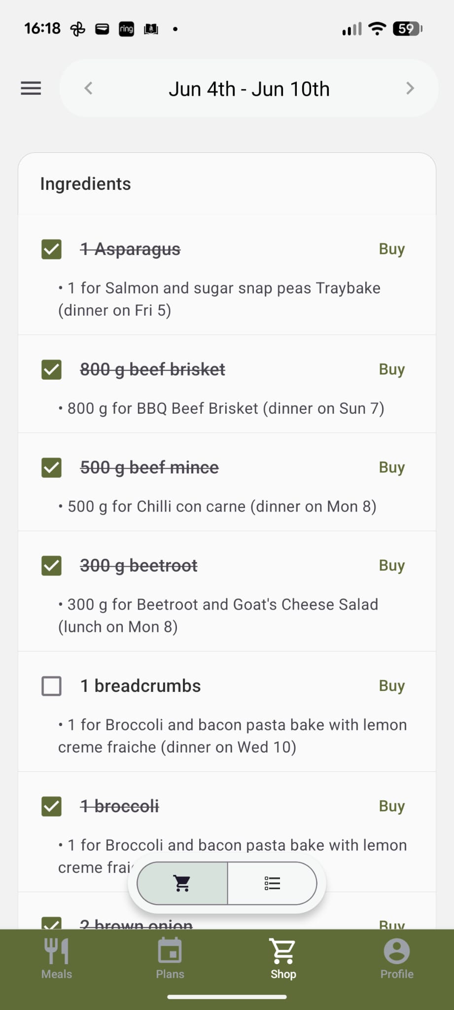 Rooted grocery list screen