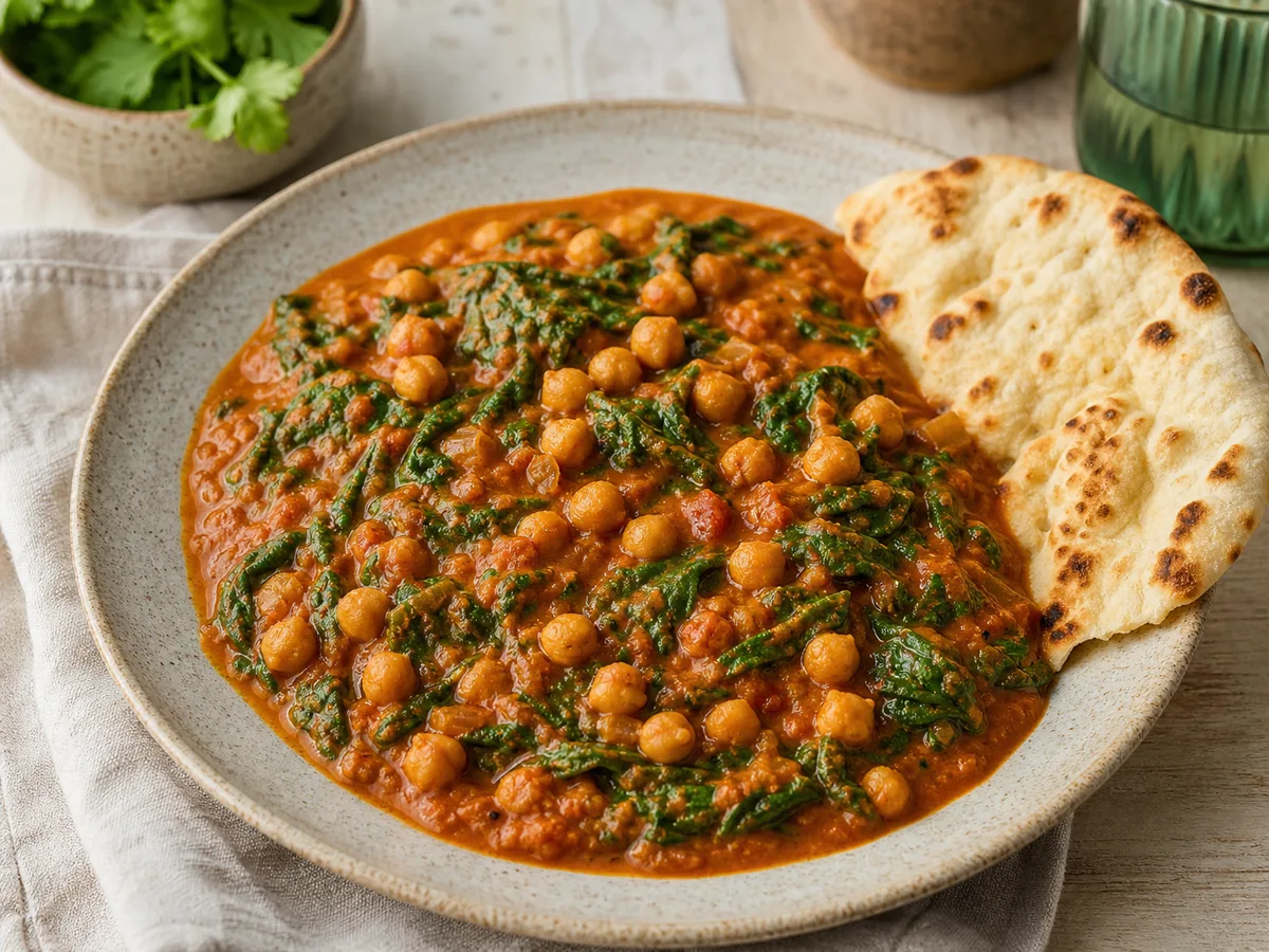 Chickpea and spinach curry with naan